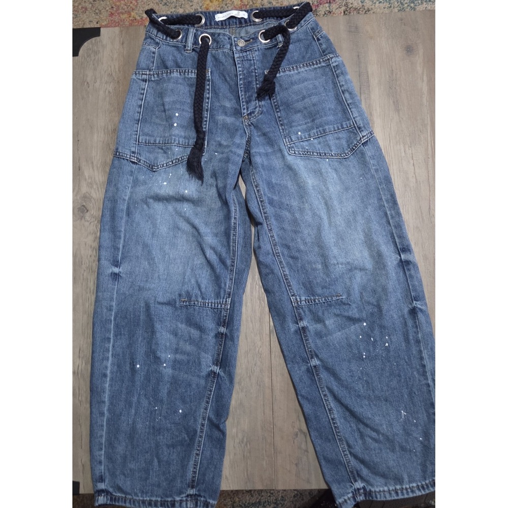 Altar'd State Barrel Mom Blue Jeans Women Sz 27 Paint Splatter W/Black Rope Belt